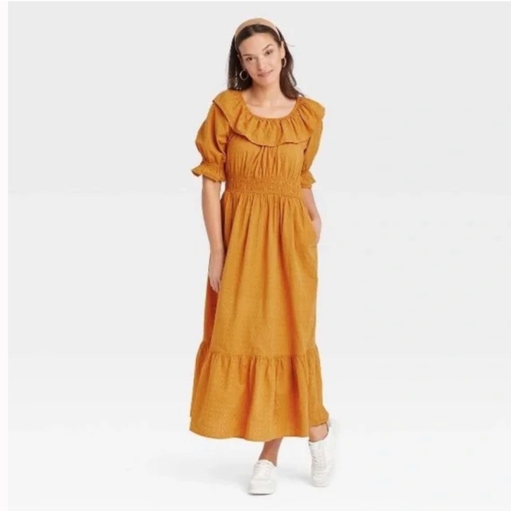 Universal Threads Puff Sleeve Ruffle Collar Dress Mustard Size Large
